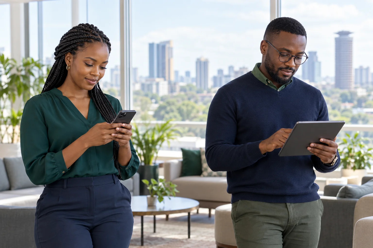 Kenyan professionals looking at a phone and tablet