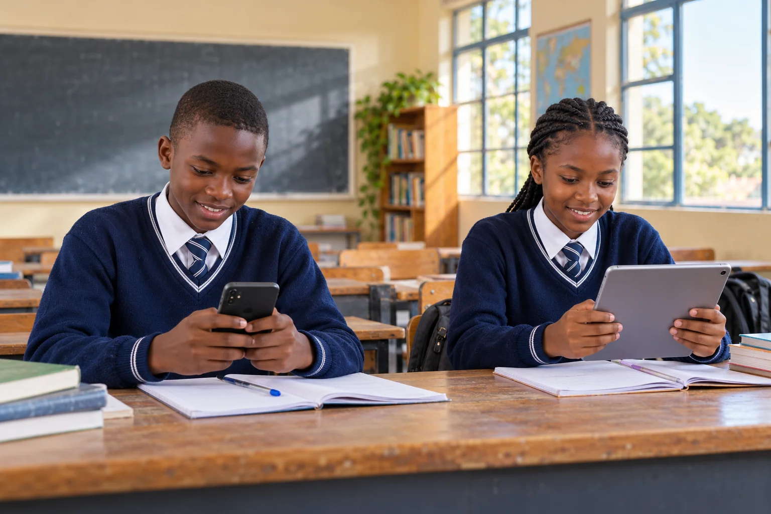 Kenyan learners looking at a phone and tablet